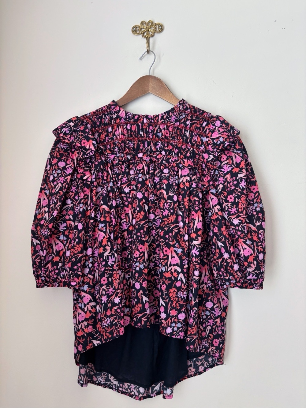 Aureum Black & Pink Floral High Low Ruffle Blouse Small Cottagecore